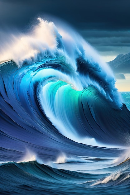 Duża burzliwa fala morska w kolorze ciemnoniebieskim