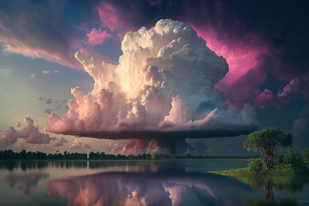 Zdjęcie duża chmura z różowym i fioletowym niebem nad nią