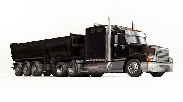 Duża czarna amerykańska ciężarówka z wywrotką typu przyczepa do transportu ładunków masowych na białym tle. ilustracja 3D.