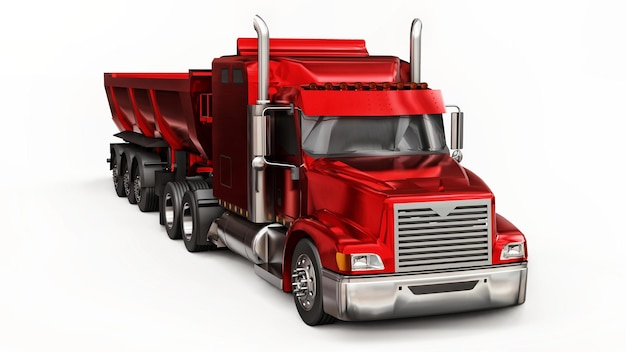 Duża czerwona amerykańska ciężarówka z wywrotką typu przyczepa do transportu ładunków masowych na białym tle. ilustracja 3D.