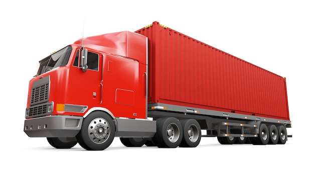 Duża Czerwona Ciężarówka Retro Z Częścią Sypialną I Aerodynamicznym Nadstawką Przewozi Przyczepę Z Kontenerem Morskim