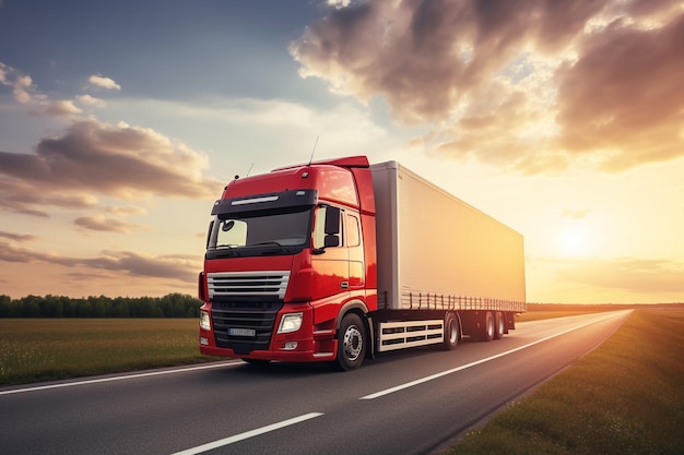 duża czerwona ciężarówka z przyczepą jadąca po drodze z generatywną sztuczną inteligencją Twilight