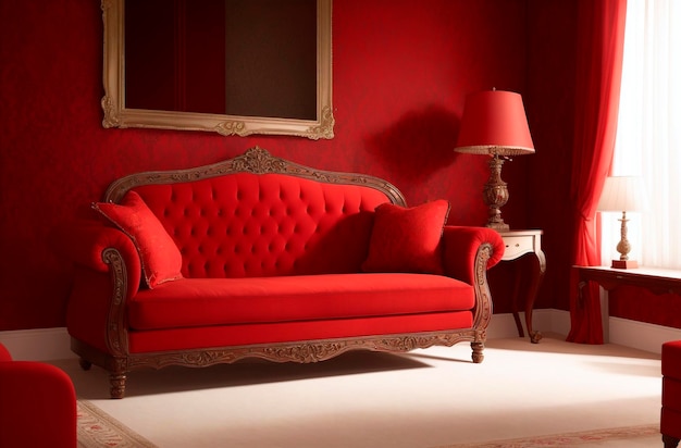 Duża czerwona kanapa w czerwonym pokoju Jasne wnętrze w mieszkaniu Generative AI