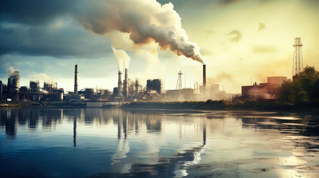 Duża fabryka lub elektrownia z dużymi kominami wytwarzającymi duże ilości gazów i dymu Temat zanieczyszczenia powietrza