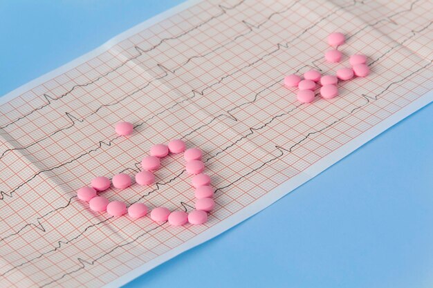 Duża garść różowych pigułek leży w kształcie serca na elektrokardiogramie na niebieskim tle Koncepcja zdrowego stylu życia i terminowego badania lekarskiego