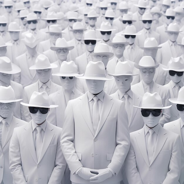duża grupa mężczyzn w białych kapeluszach i okularach przeciwsłonecznych stoi przed tłumem ludzi w białych czapkach.