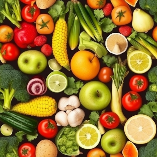 Duża grupa owoców i warzyw, w tym jedna z napisem „świeże”.