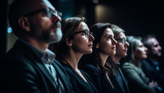 Duża grupa profesjonalistów w audytorium skupiająca się razem generowana przez sztuczną inteligencję