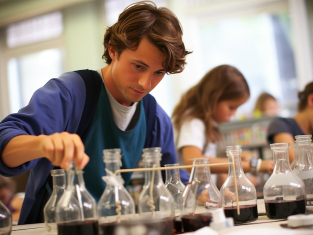 Duża grupa różnorodnych dzieci noszących płaszcze laboratoryjne na zajęciach z chemii podczas wykonywania eksperymentów naukowych