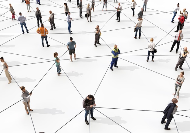 Zdjęcie duża grupa różnych ludzi połączonych liniami 3d rendering person