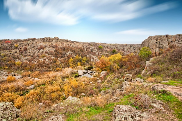 Duża ilość minerałów kamiennych pokrytych zieloną roślinnością leżąca nad rzeczką na malowniczej Ukrainie i jej piękna przyroda