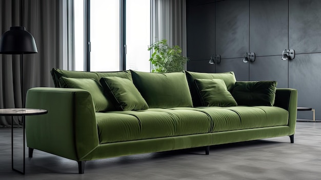 Duża kanapa w nowoczesnym wnętrzu pokoju Luksusowe meble do domu Zielona sofa Streszczenie generatywnej ilustracji AI