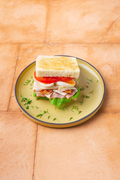 Zdjęcie duża kanapka klubowa z szynką bekon pomidor ogórek ser jajka i zioła wysokiej jakości zdjęcie