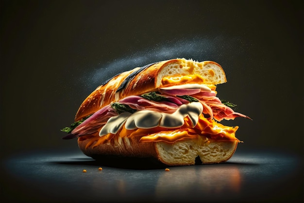 Duża kanapka z rozciekłym serem i szynką w chlebie na pokładzie na ciemnym tle