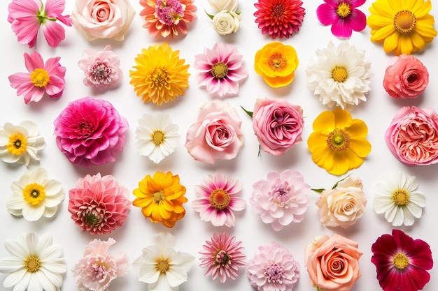 Duża kolekcja różnych głównych kwiatów żółtych różowych białych i czerwonych izolowanych na białym tle Perfec