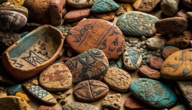 Duża kolekcja starożytnej biżuterii ułożonej w ozdobne wzory wygenerowane przez sztuczną inteligencję