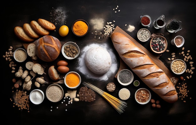 duża kompozycja chleba, jaj, nasion, orzechów, kawy, cukru i mąki na czarnym tle
