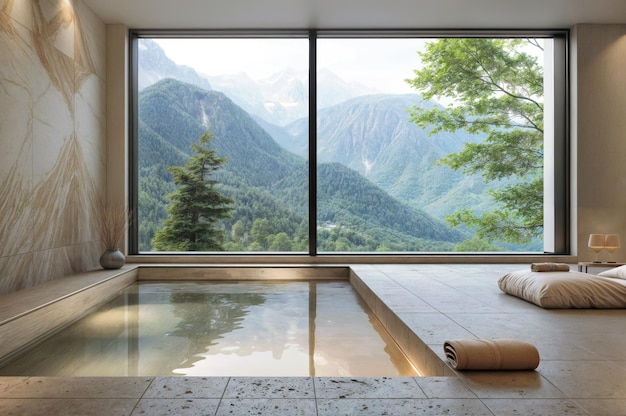 Zdjęcie duża kryta kąpiel z wspaniałym widokiem na góry na zewnątrz 3d ilustrator