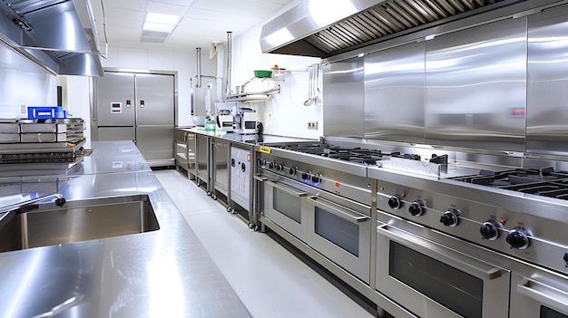 Zdjęcie duża kuchnia komercyjna z urządzeniami ze stali nierdzewnej i płytką na podłodze