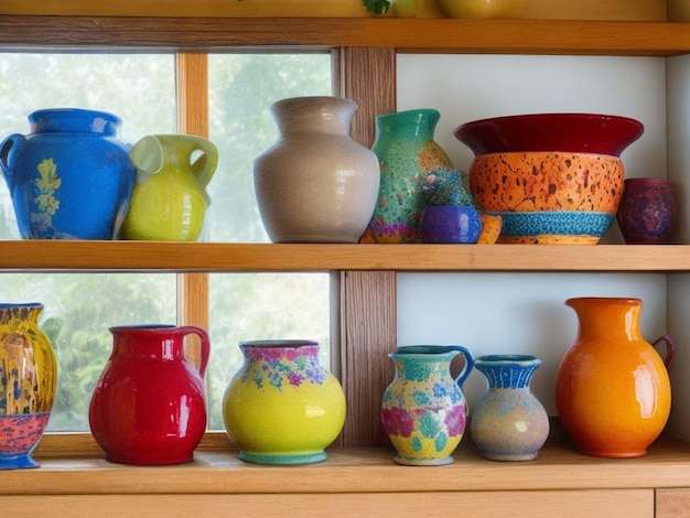 Duża liczba ceramicznych słoików ułożonych w rzędach na półkach