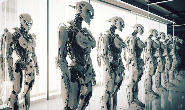 Duża liczba robotów w laboratorium lub hangarze Futurystyczna technologia AI Generative Ai