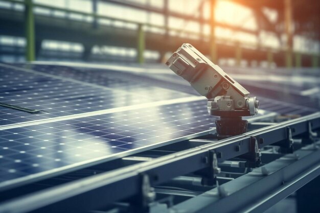 Duża linia produkcyjna z ramionami robotów przemysłowych w nowoczesnej jasnej fabryce Panele słoneczne są montowane na zautomatyzowanym zakładzie produkcyjnym przenośnika Generative AI