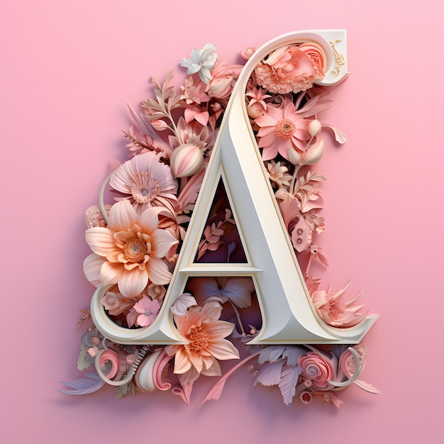 Duża litera A w czcionce serifowej wykonana w stylu art nouveau na różowym tle kwiatowym