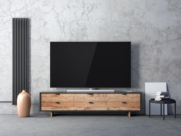 Duża makieta Smart Tv na drewnianej komodzie, salon z czarną baterią grzejnikową, renderowanie 3d