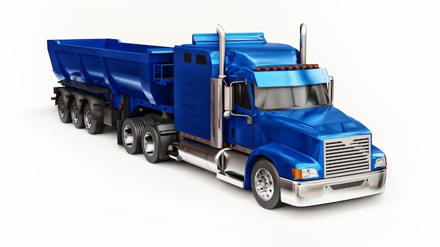 Zdjęcie duża niebieska amerykańska ciężarówka z wywrotką typu przyczepa na białym tle