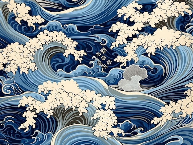 Duża niebieska fala japoński bezszwowy wzór tła generowany AI