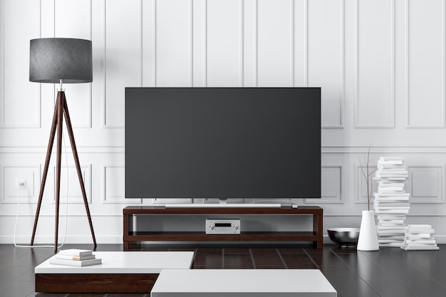Duża nowoczesna makieta Smart TV na konsoli w salonie z ciemną podłogą renderowania 3d