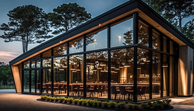 Duża nowoczesna restauracja z widokiem na zewnątrz z drzewami i niebem Generacyjna sztuczna inteligencja