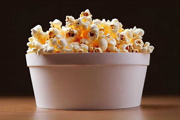 Zdjęcie duża papierowa miska z popcornem na ciemnym tle generative ai