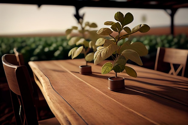 Duża plantacja soi i drewniany stół stworzony z generatywną ai