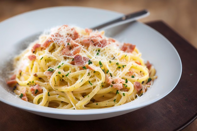 Duża porcja spaghetti carbonara posypana drobną zieleniną i serem