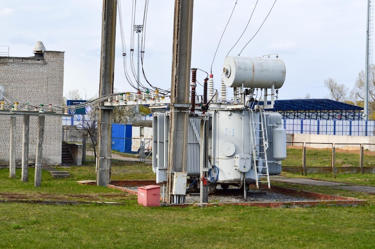 Zdjęcie duża przemysłowa żelazna podstacja transformatorowa z transformatorami i wysokim napięciem elektrycznym