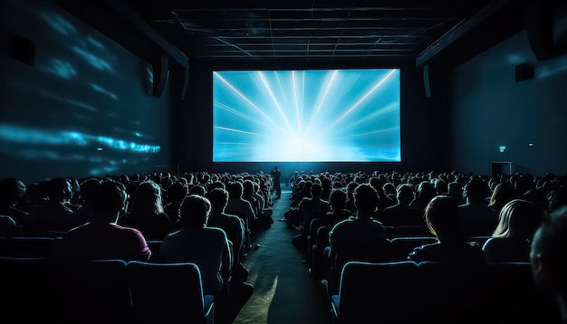 duża publiczność oglądająca makietę filmu na białym ekranie w kinie