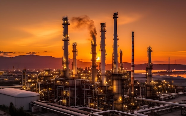 Zdjęcie duża rafineria ropy naftowej z zachodem słońca w tle