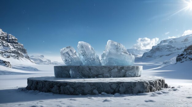 Duża rzeźba lodowa na śnieżnym polu