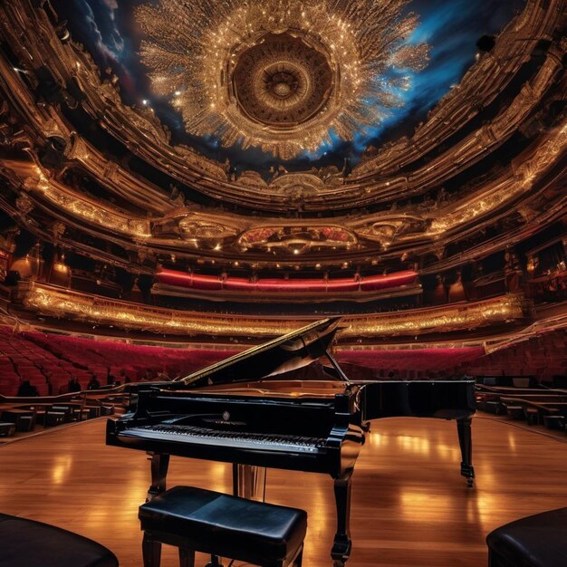 Duża sala z fortepianem w środku wirtualne koncerty