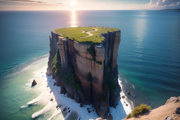 Duża skalna wyspa z zielonym polem