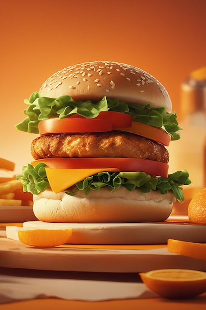 duża soczysta kanapka z burgerem z kurczakiem na pomarańczowym tle Koncepcja fast food o wysokiej rzeczywistości