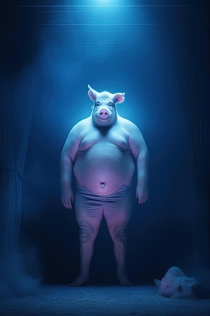 Zdjęcie duża świnia stoi i pozuje pod komiczną figurą w niebieskim świetle