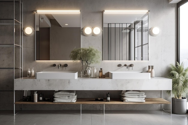 Duża szaro-biała półka mieści podwójną umywalkę, zwieńczoną małym poziomym lustrem umywalka łazienkowa wyjątkowa dekoracja ścienna