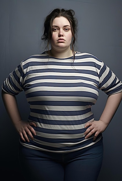 duża tłusta kobieta nosząca niebieską i białą paskową koszulkę w stylu wydłużonych form