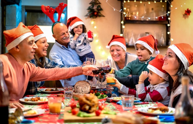 Duża, wielopokoleniowa rodzina wznosi toast na świątecznej kolacji