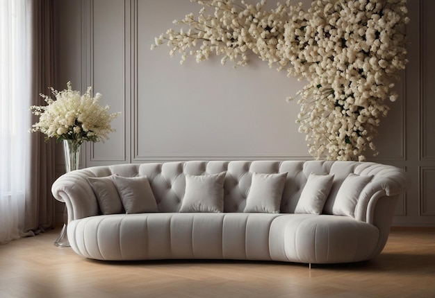Duża zakrzywiona kanapa w przestronnym pokoju z żyrandolem przed kanapą i wazonem kwiatowym