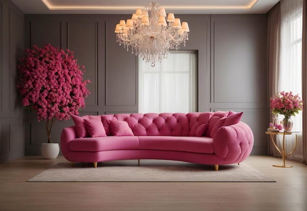 Duża zakrzywiona kanapa w przestronnym pokoju z żyrandolem przed kanapą i wazonem kwiatowym