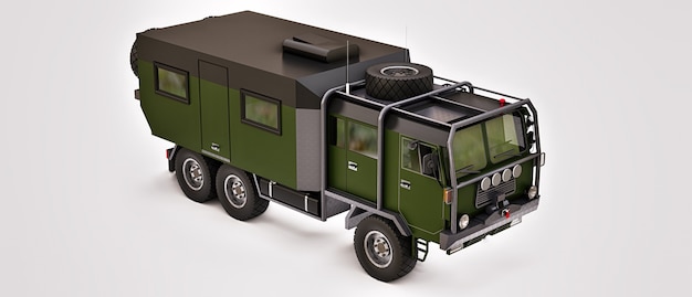 Duża zielona ciężarówka przygotowana na długie i wymagające wyprawy w odległych obszarach ilustracja 3d