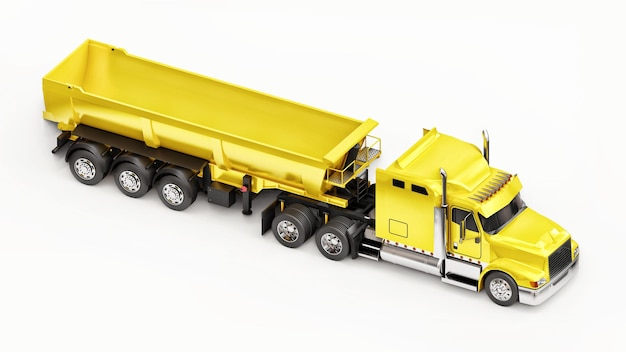 Duża żółta amerykańska ciężarówka z wywrotką typu przyczepa do transportu ładunków masowych na białym tle. ilustracja 3D.